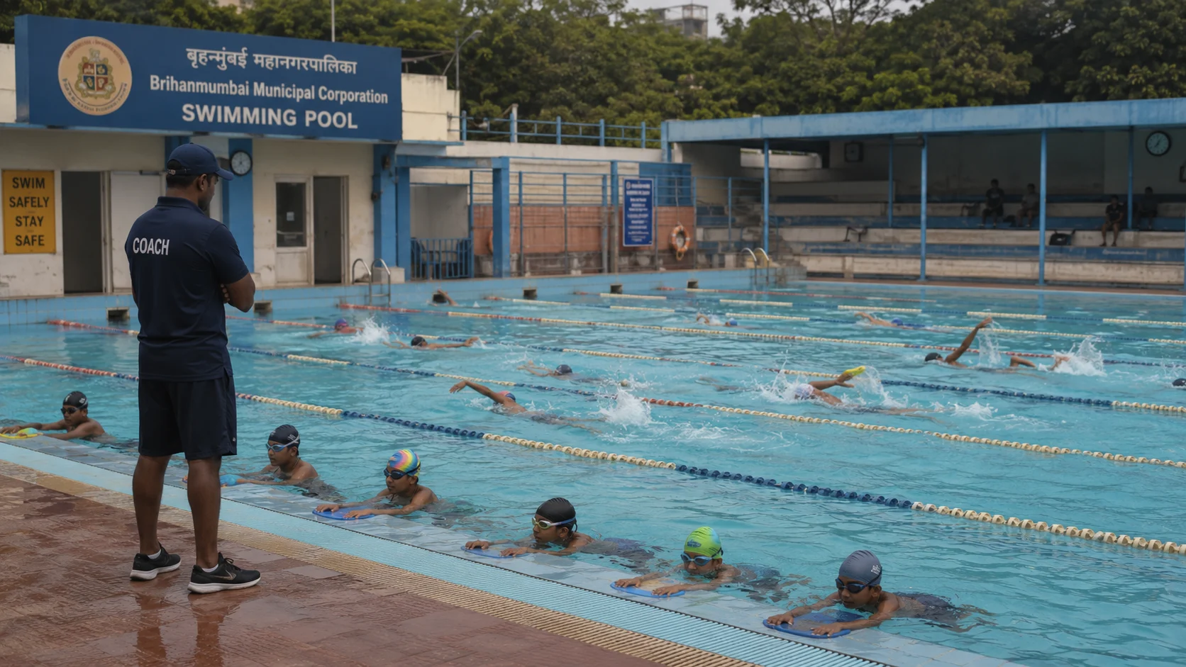 Municipal swimming pool with learners in lanes