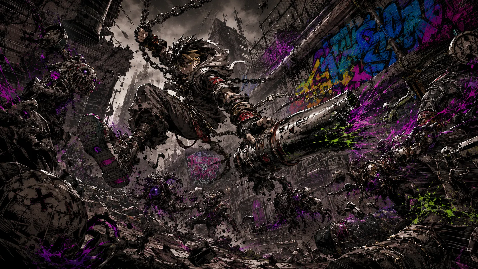 Dark anime action sequence with intense visual composition