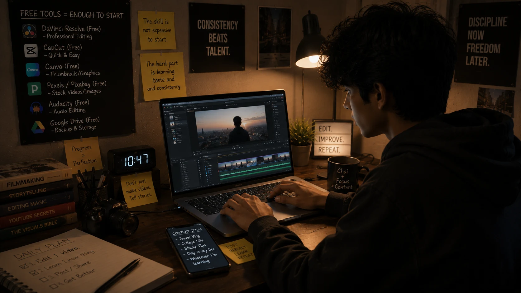 Teen editing video on laptop