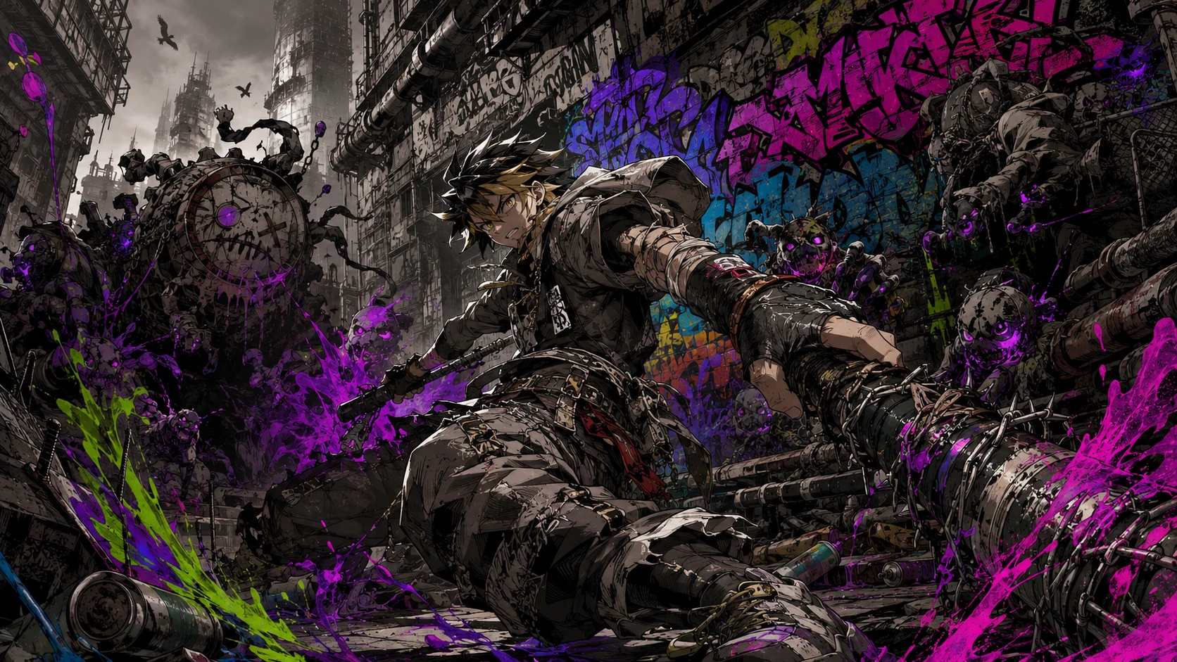 Graffiti-style dark fantasy urban art representing Gachiakuta's visual aesthetic