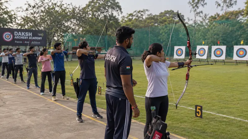 Archery range in India with multiple archers practicing