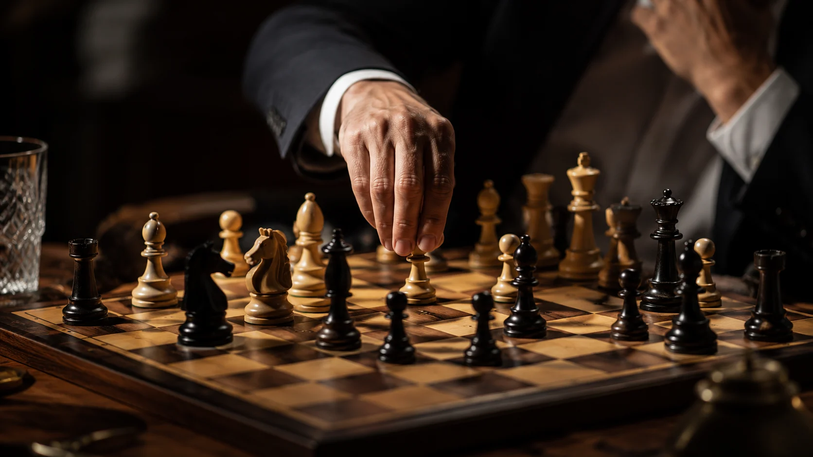 Chess board with pieces mid-game in strategic play