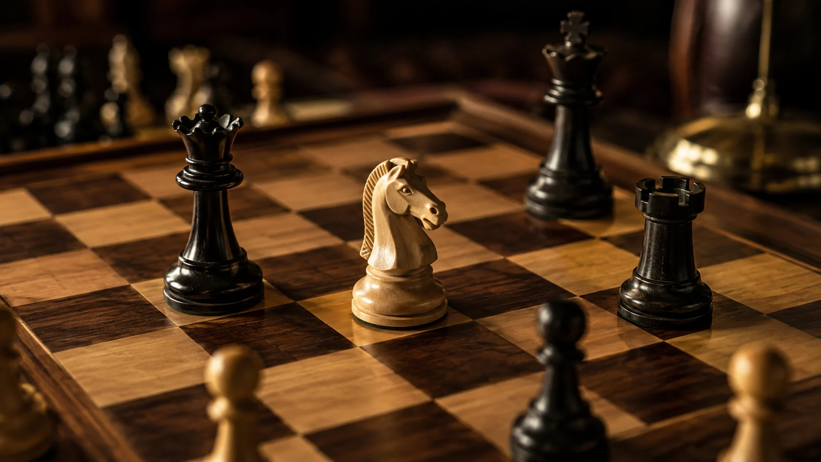 Chess knight positioned for a fork attack