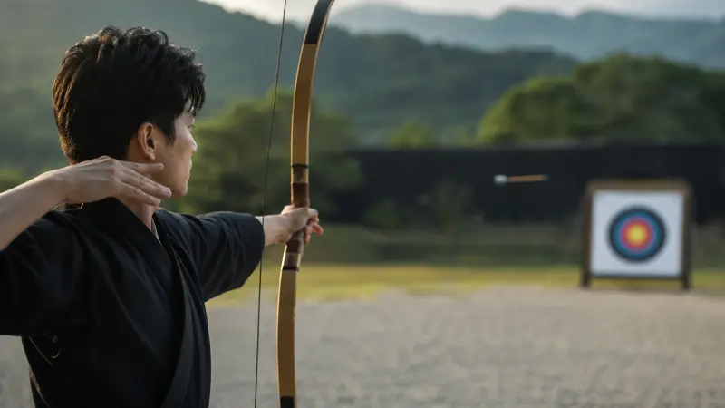 Archer at full draw with arrow released toward target