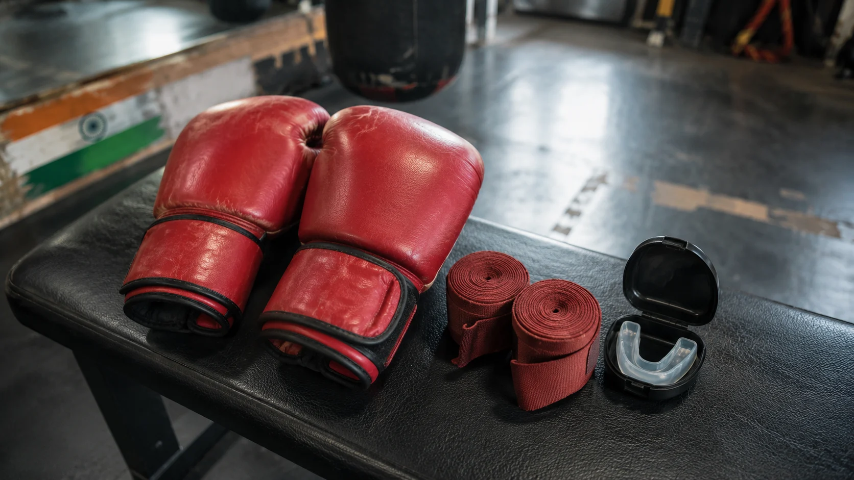 Boxing gloves and hand wraps laid out before training