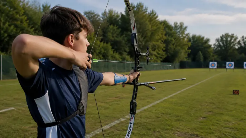 Teen archer drawing a recurve bow at an archery range