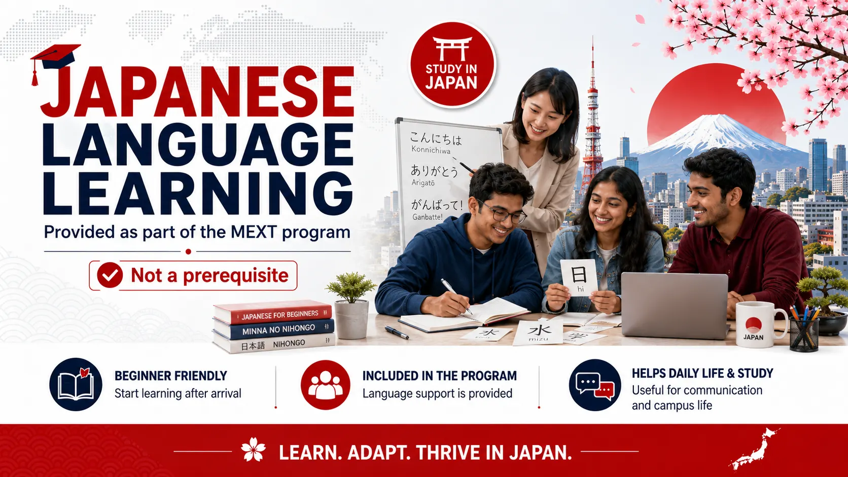 Japanese language learning — provided as part of the MEXT program, not a prerequisite