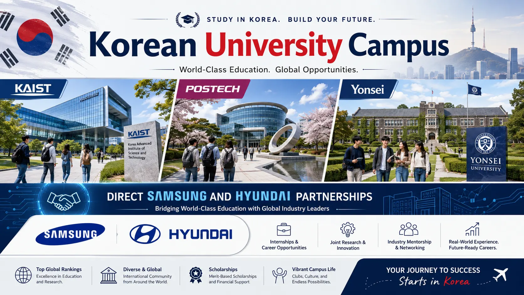 Korean university campus — KAIST, POSTECH, Yonsei, with direct Samsung and Hyundai partnerships