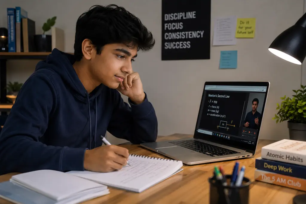 Indian teen learning a new skill on a laptop — focused, self-directed, building something real