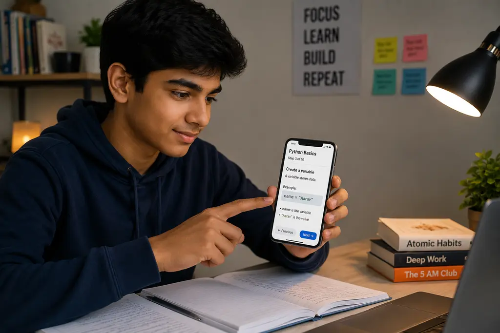 Teen following a clear step-by-step guide on a phone — no confusion, no paywall, just the next step