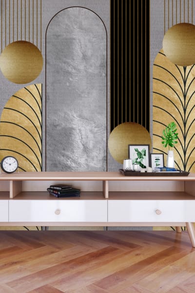 3d modern minimalist mural wallpaper. Golden lines, circles on gray marble background. Interior bedroom wall home decor.