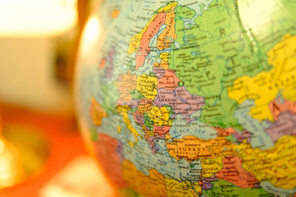 Close-up of a globe featuring europe.