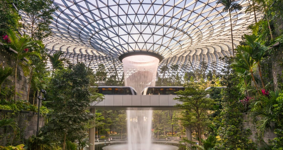 People walking inside amazon building surrounded with plants
