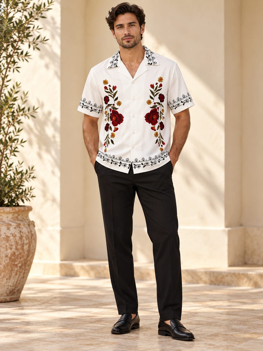 White Floral Short-Sleeve Shirt