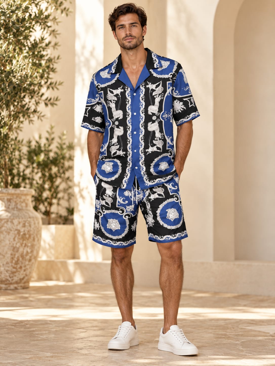 Navy Medallion-Print Shirt and Shorts Set