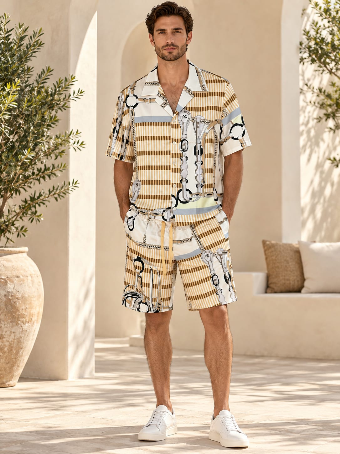 Cream Chain-Print Shirt and Shorts Set