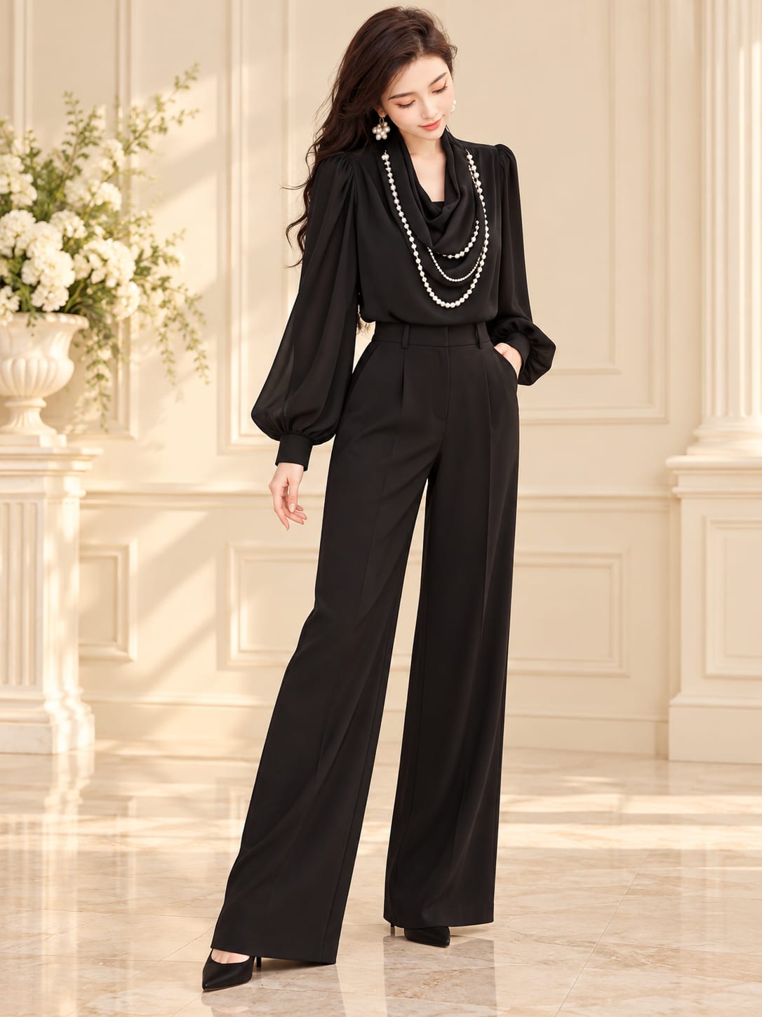 Black Trousers and Draped Black Blouse