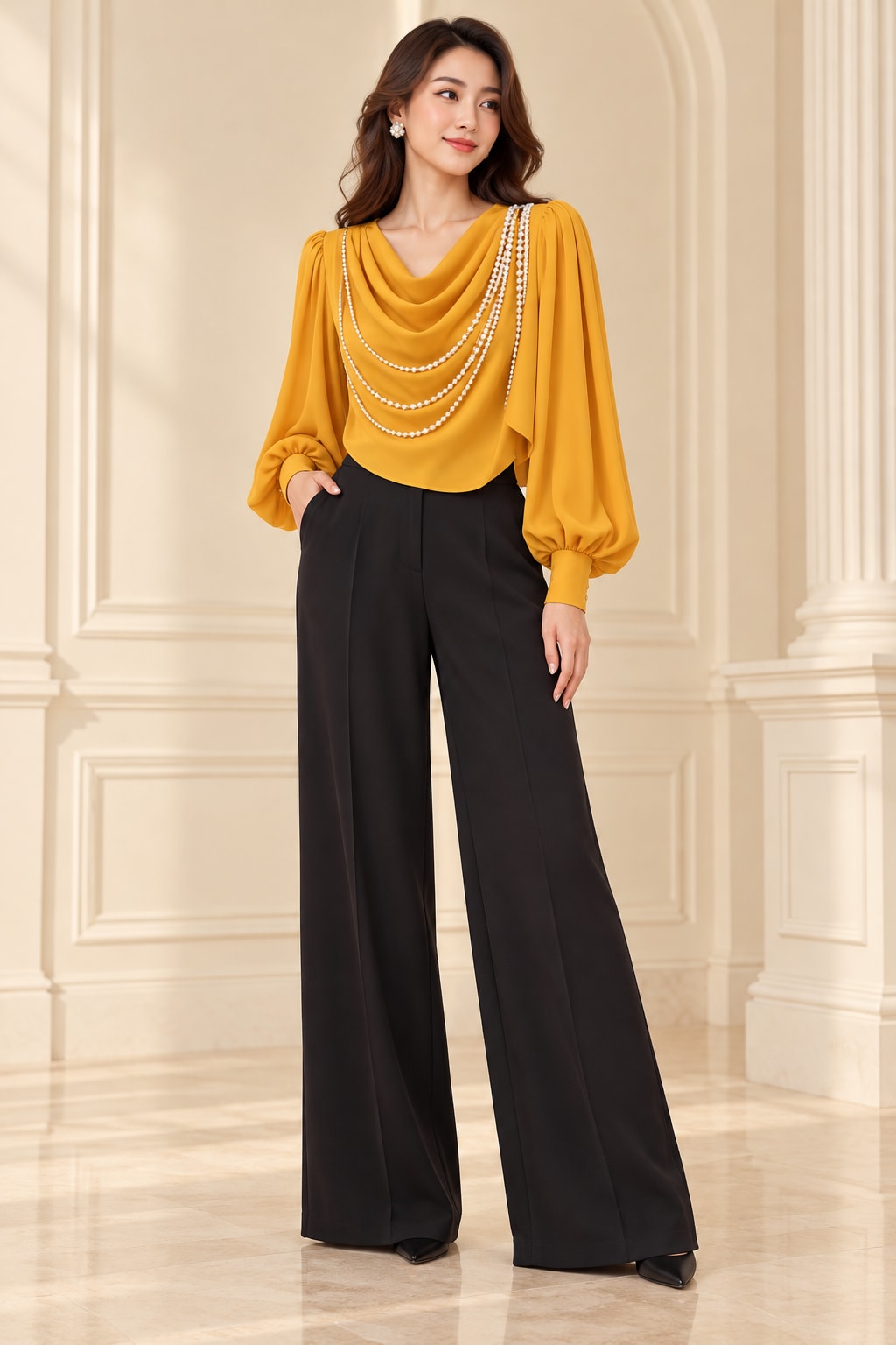 Black Trousers and Draped Mustard Blouse