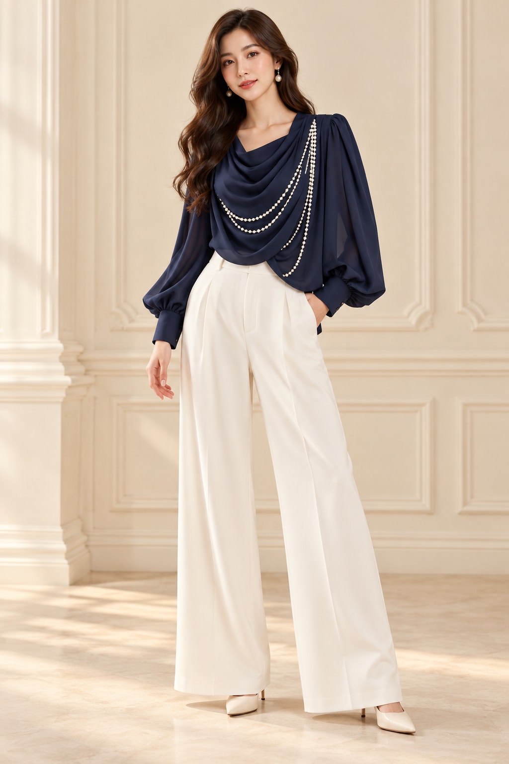 Ivory Trousers and Draped Navy Blouse