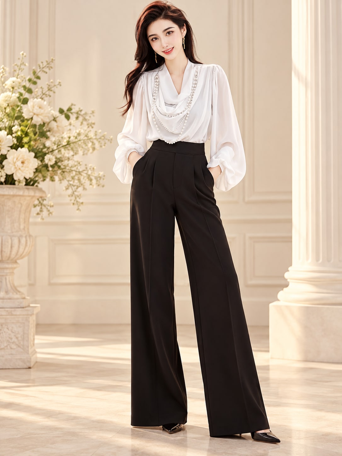 Black Wide-Leg Trousers and Draped White Blouse