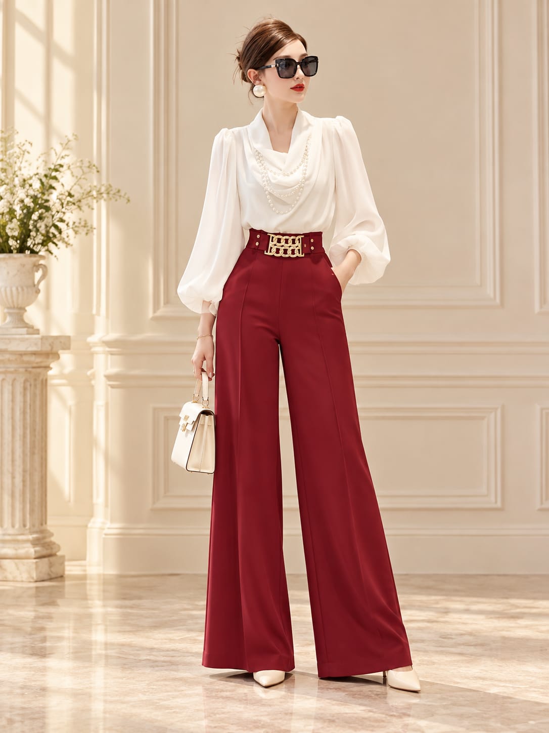 Burgundy Wide-Leg Trousers and White Blouse