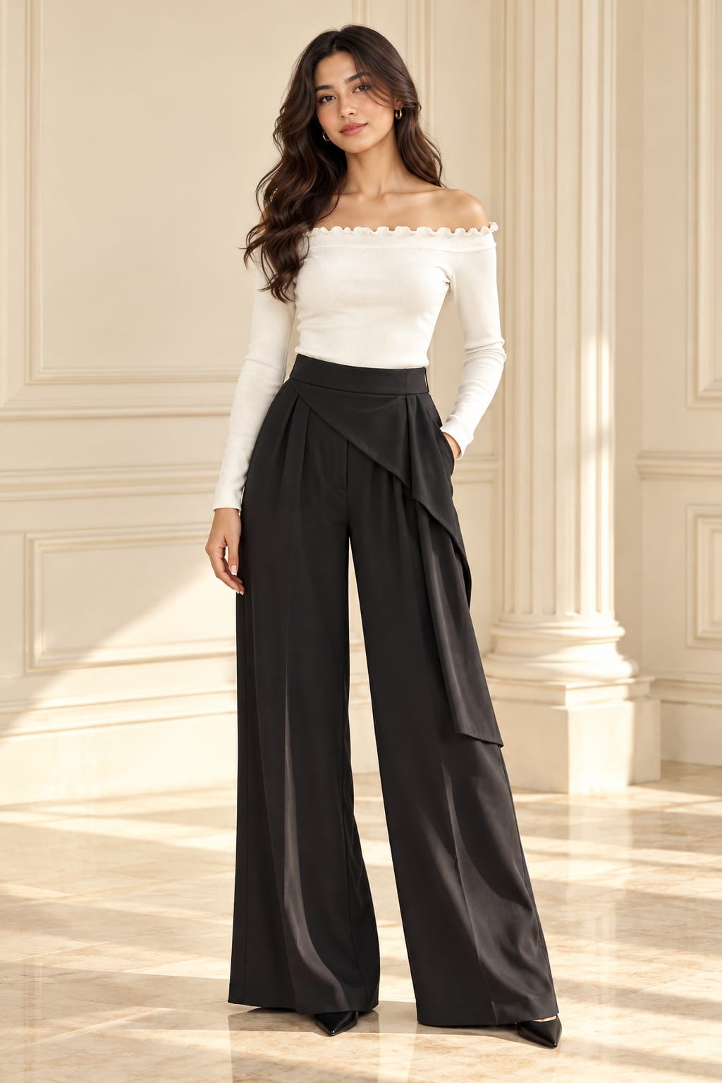 Black Wrap Trousers and Off-Shoulder Top