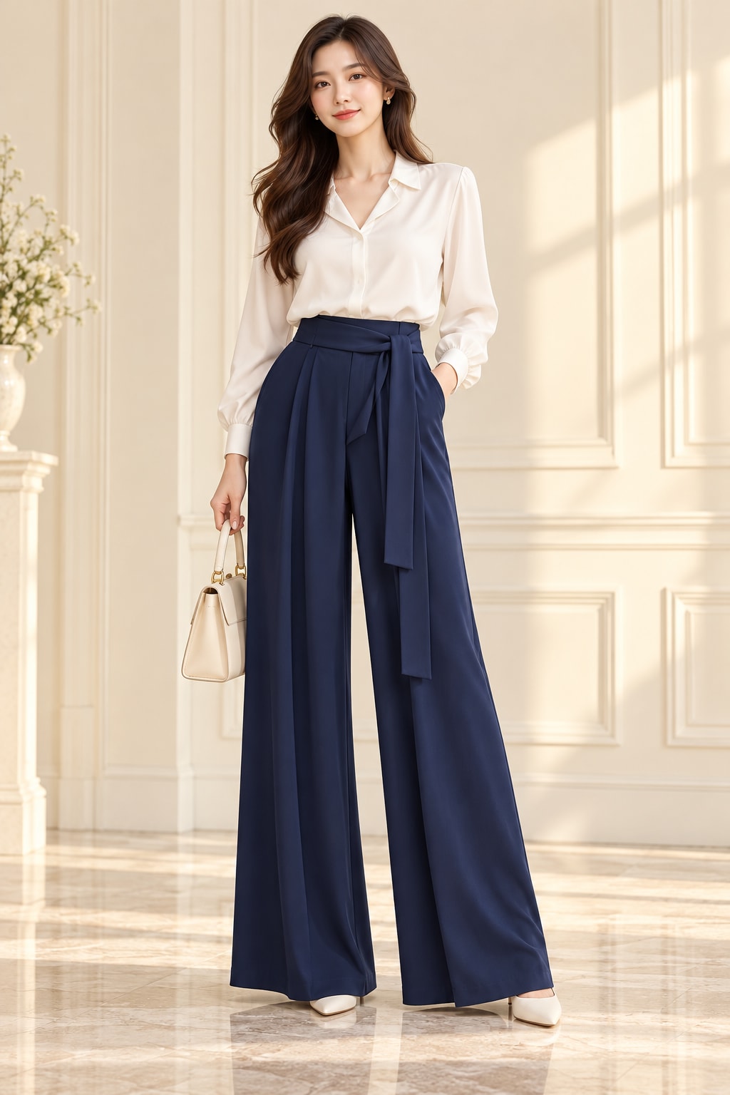 Navy Wide-Leg Trousers and White Blouse