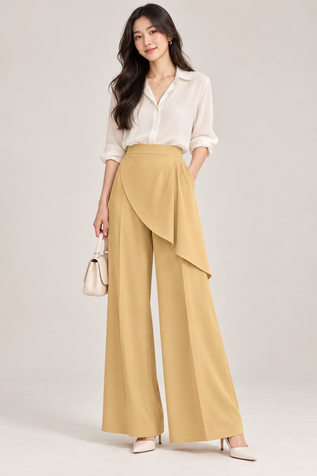 Mustard Wrap Trousers and Ivory Blouse