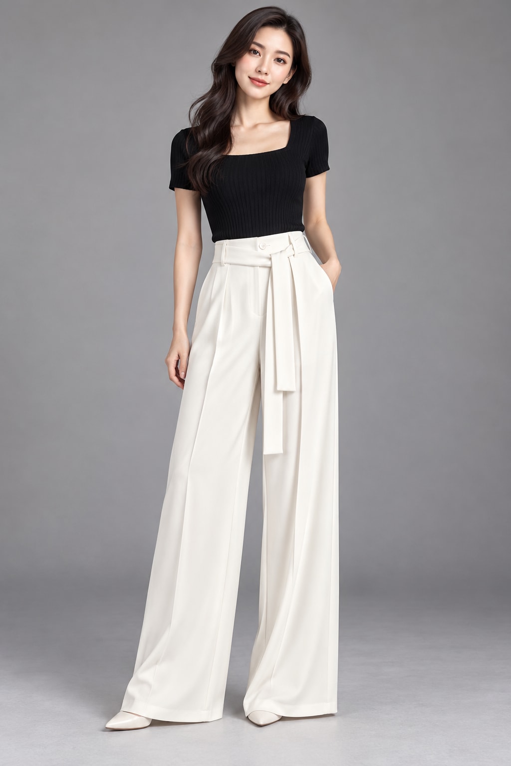 Ivory Wide-Leg Trousers and Black Top