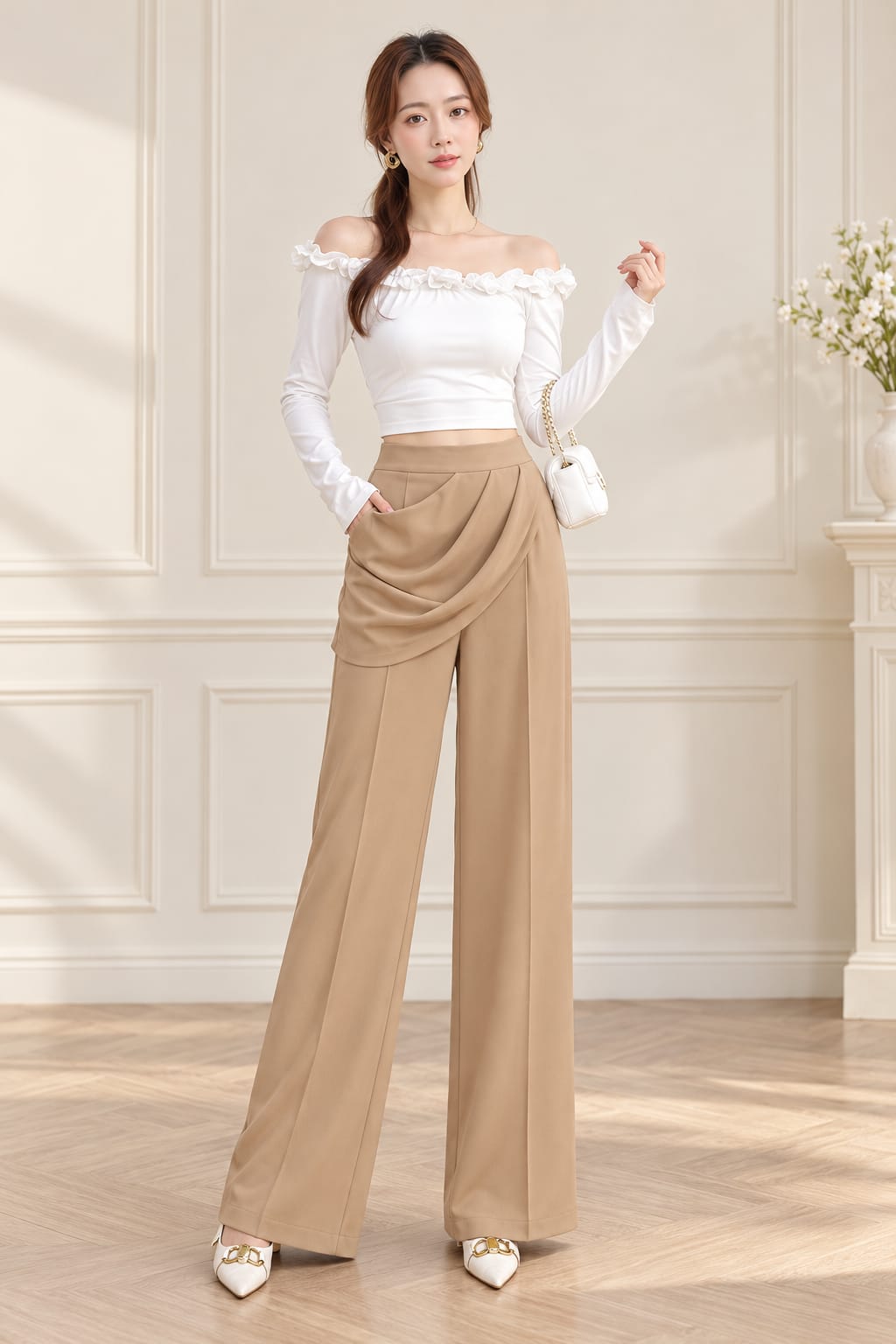 Camel Wrap Trousers and White Top