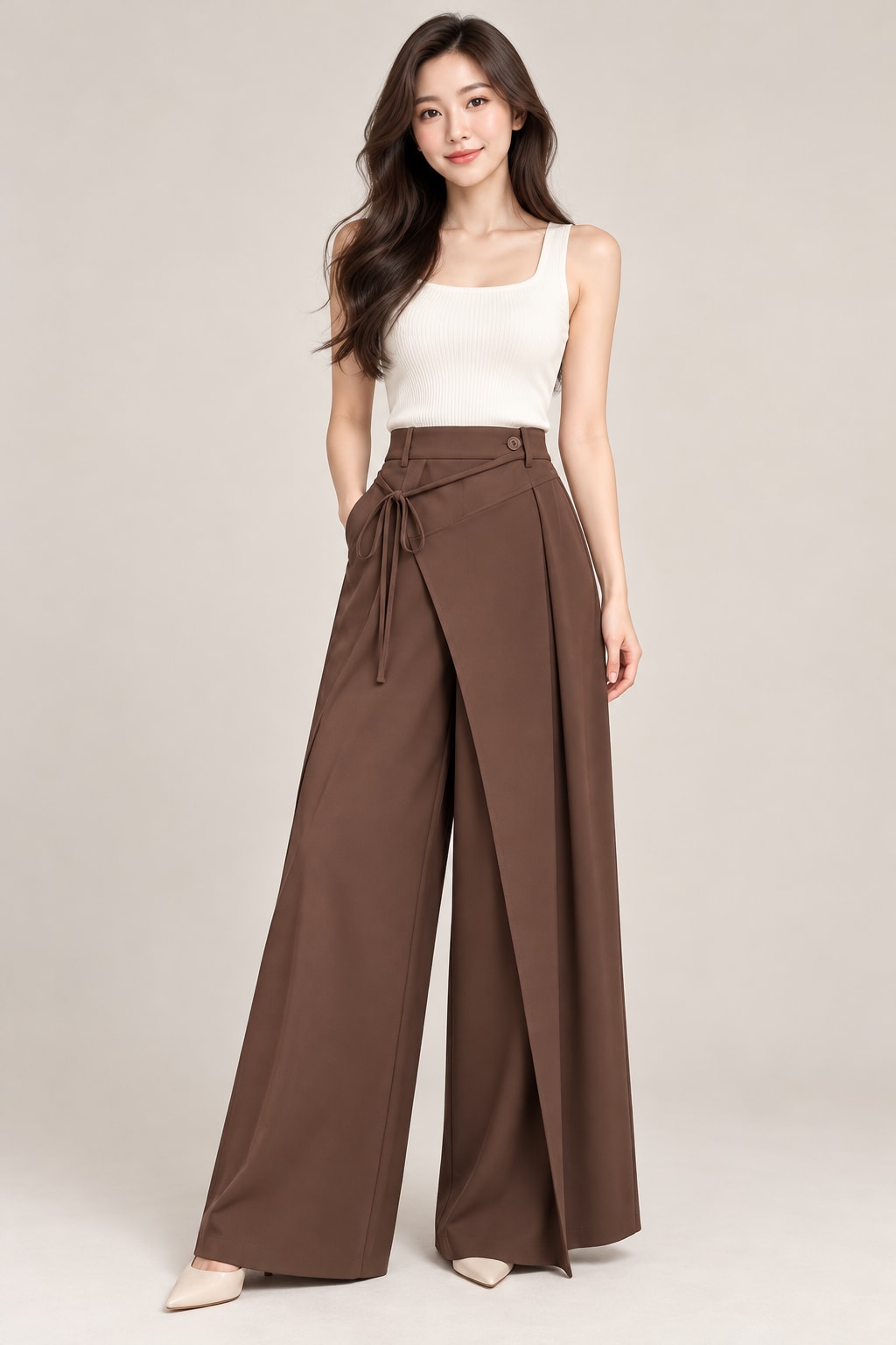 Chocolate Wide-Leg Trousers and White Vest