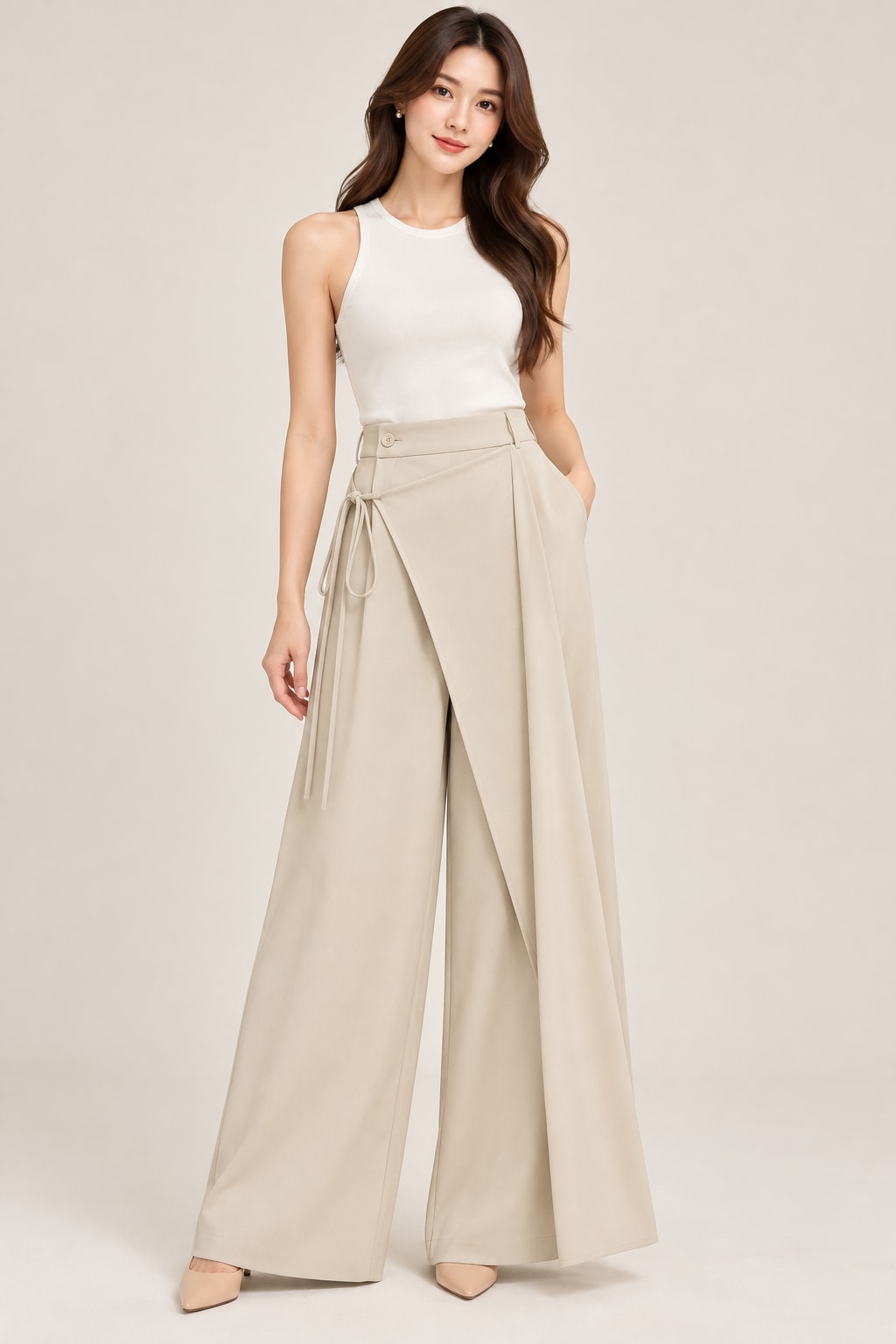 Stone Wide-Leg Trousers and White Vest