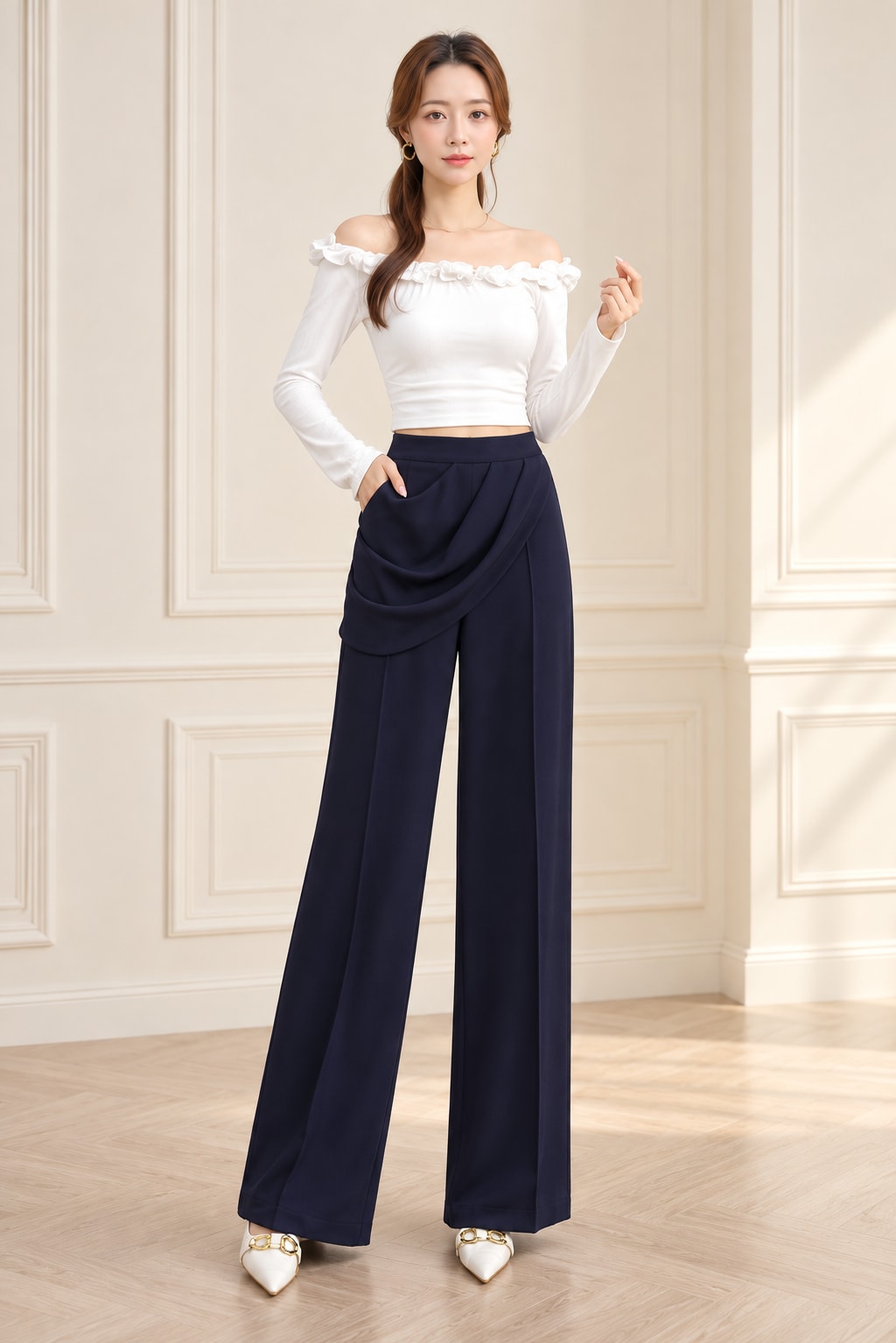 Navy Wide-Leg Trousers and White Square-Neck Top