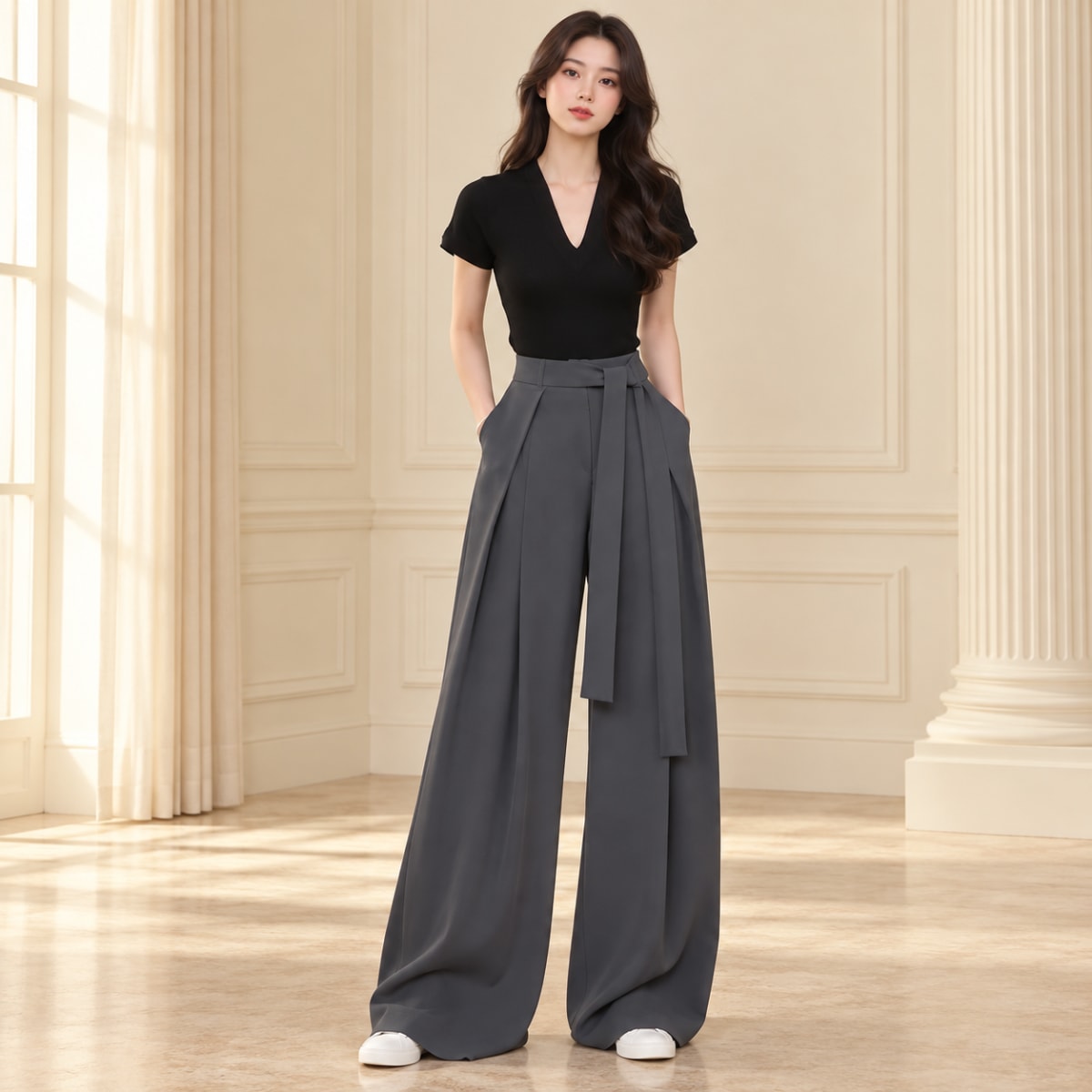 Charcoal Wide-Leg Trousers and Black Top