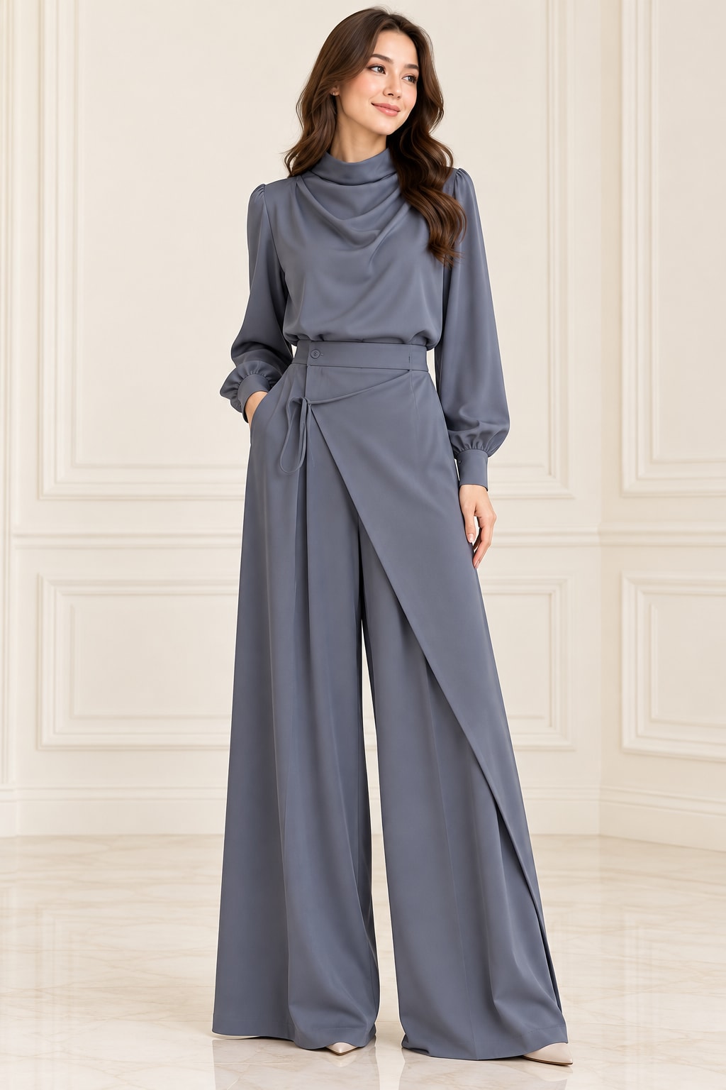 Slate Blue Draped Trouser Set
