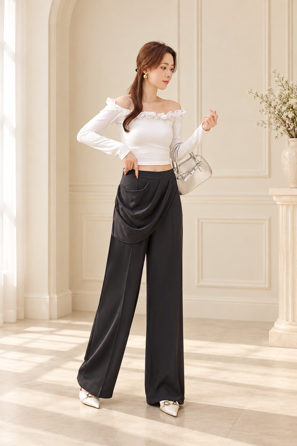 Black Wide-Leg Trousers and White Top