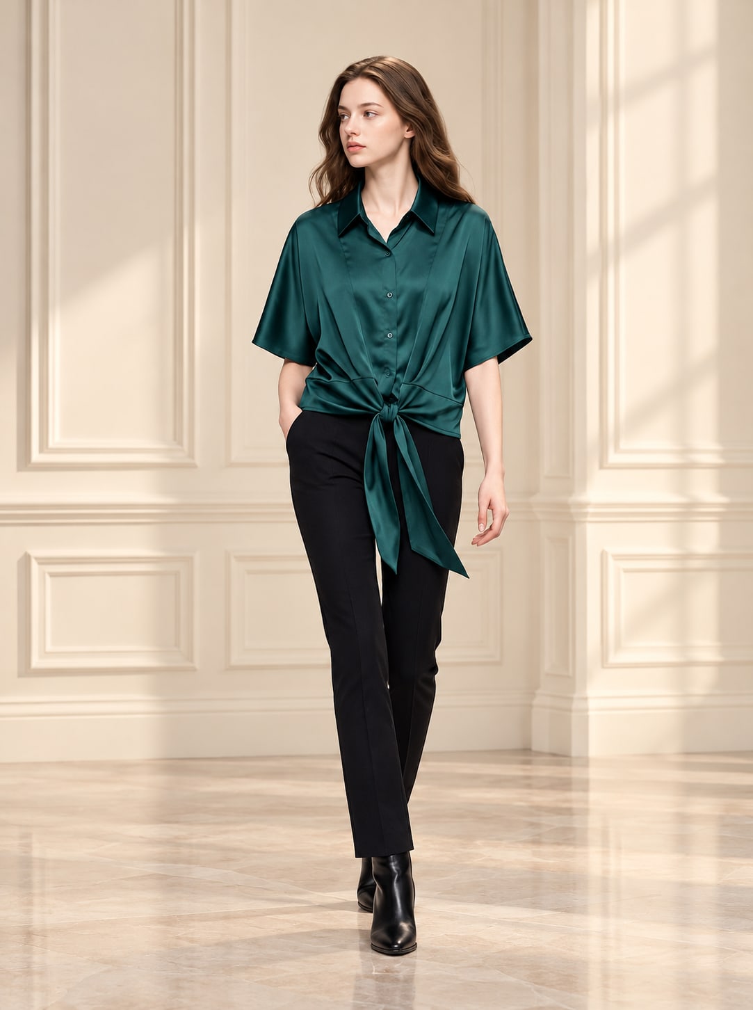Teal Blouse and Black Trousers