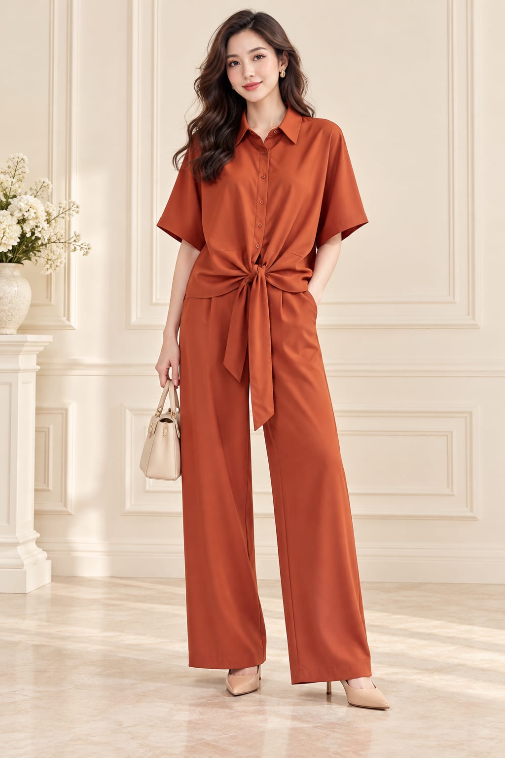 Rust Tie-Waist Wide-Leg Set