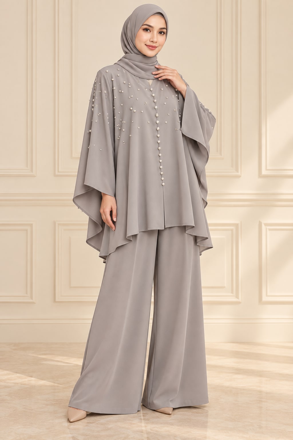 Grey Beaded Cape Set