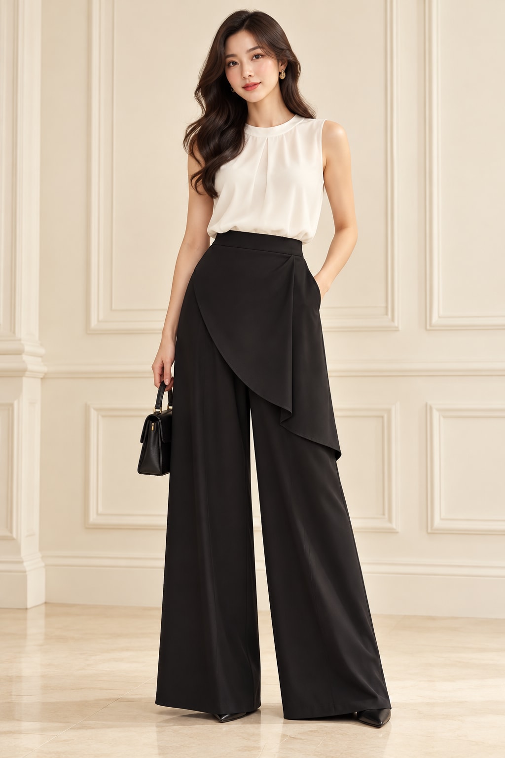 Black Wrap Trousers and Ivory Sleeveless Top