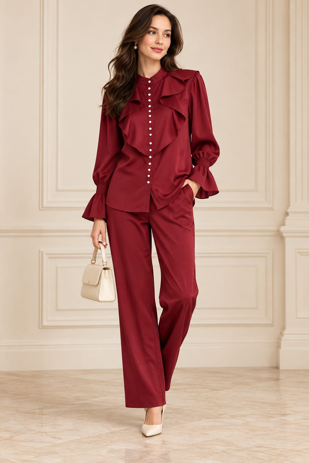 Burgundy Ruffle Trouser Set