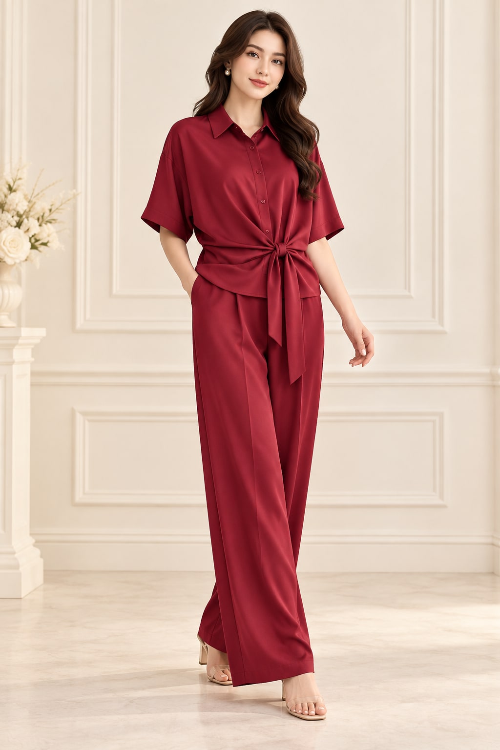 Burgundy Tie-Waist Wide-Leg Set