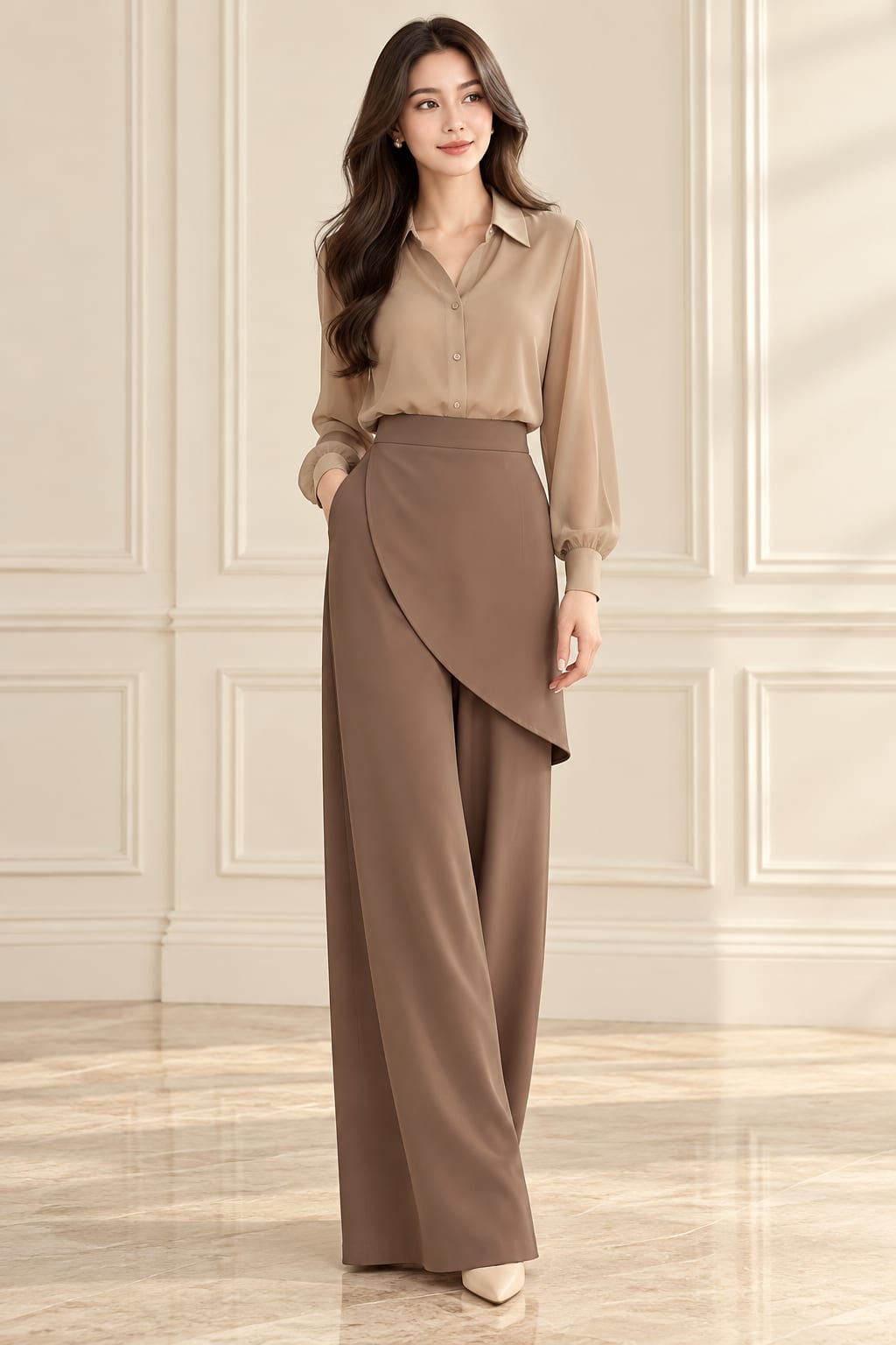 Taupe Wrap-Panel Trouser Set