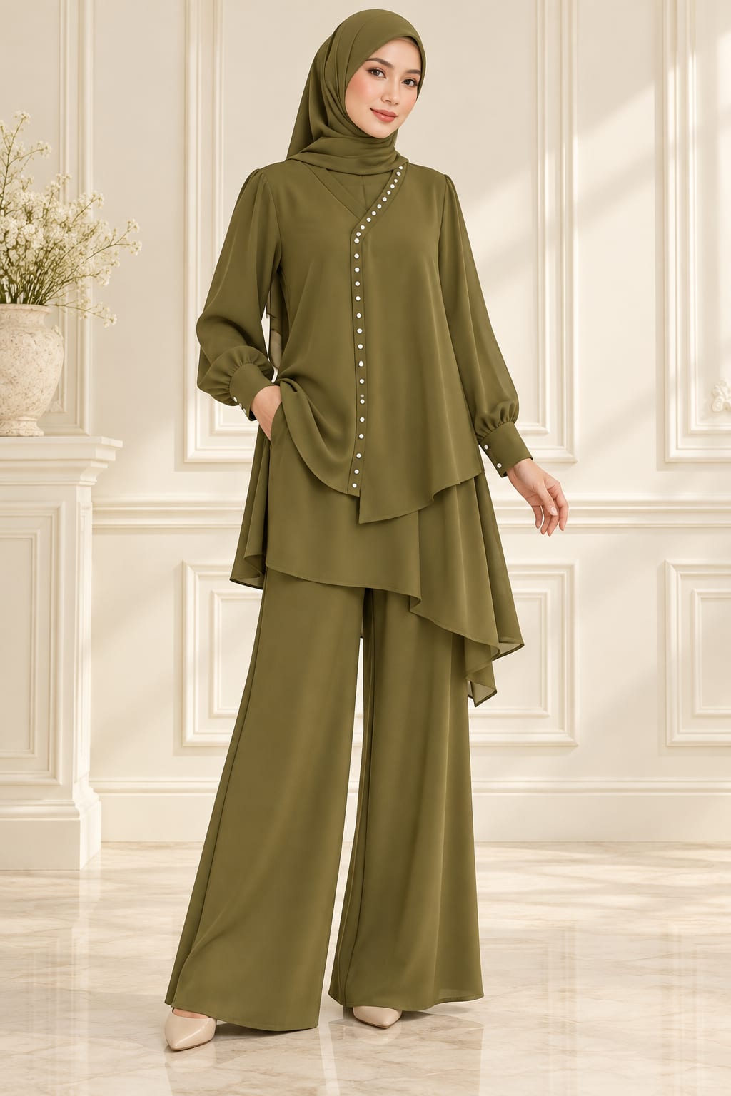 Olive Beaded Cape Set