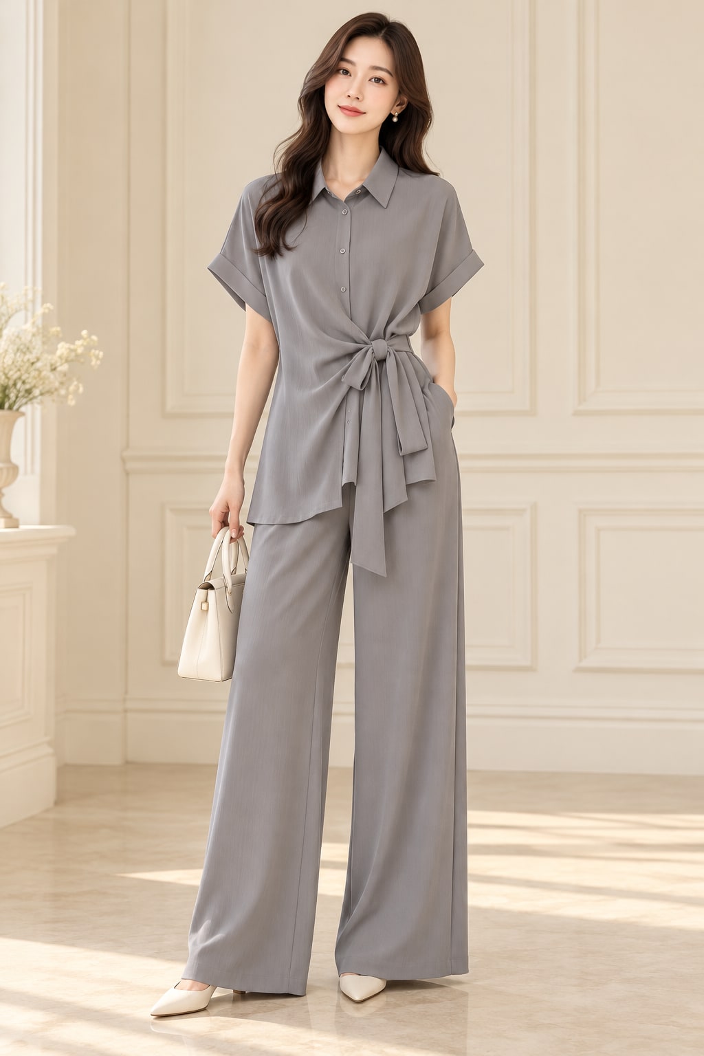 Grey Tie-Waist Wide-Leg Set