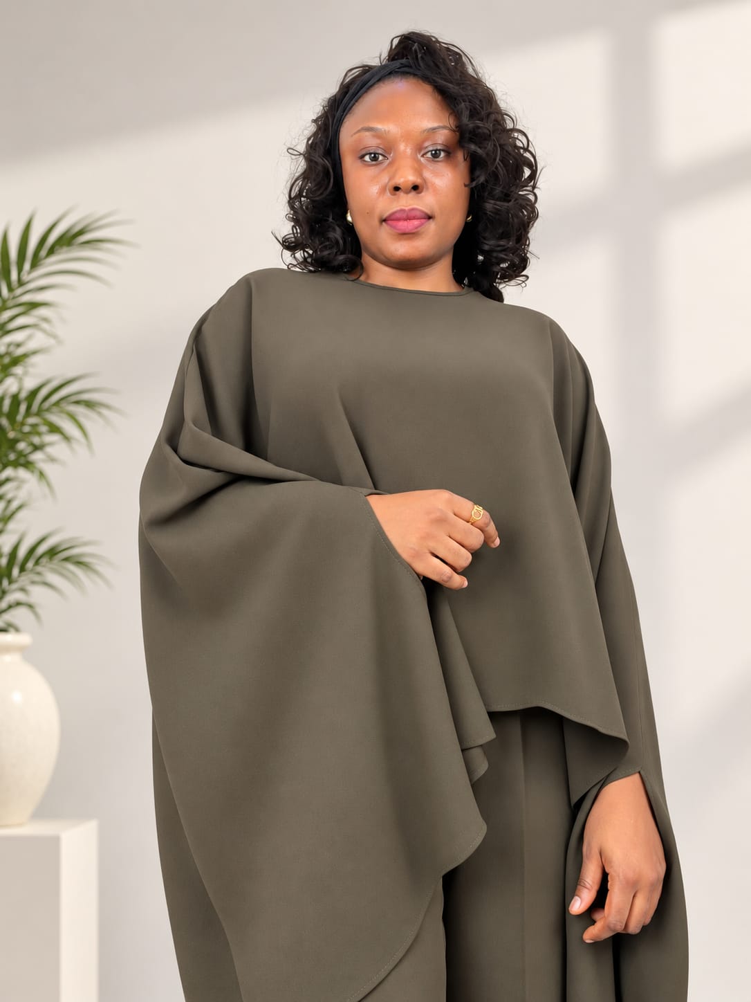 Olive Layered Poncho Trouser Set