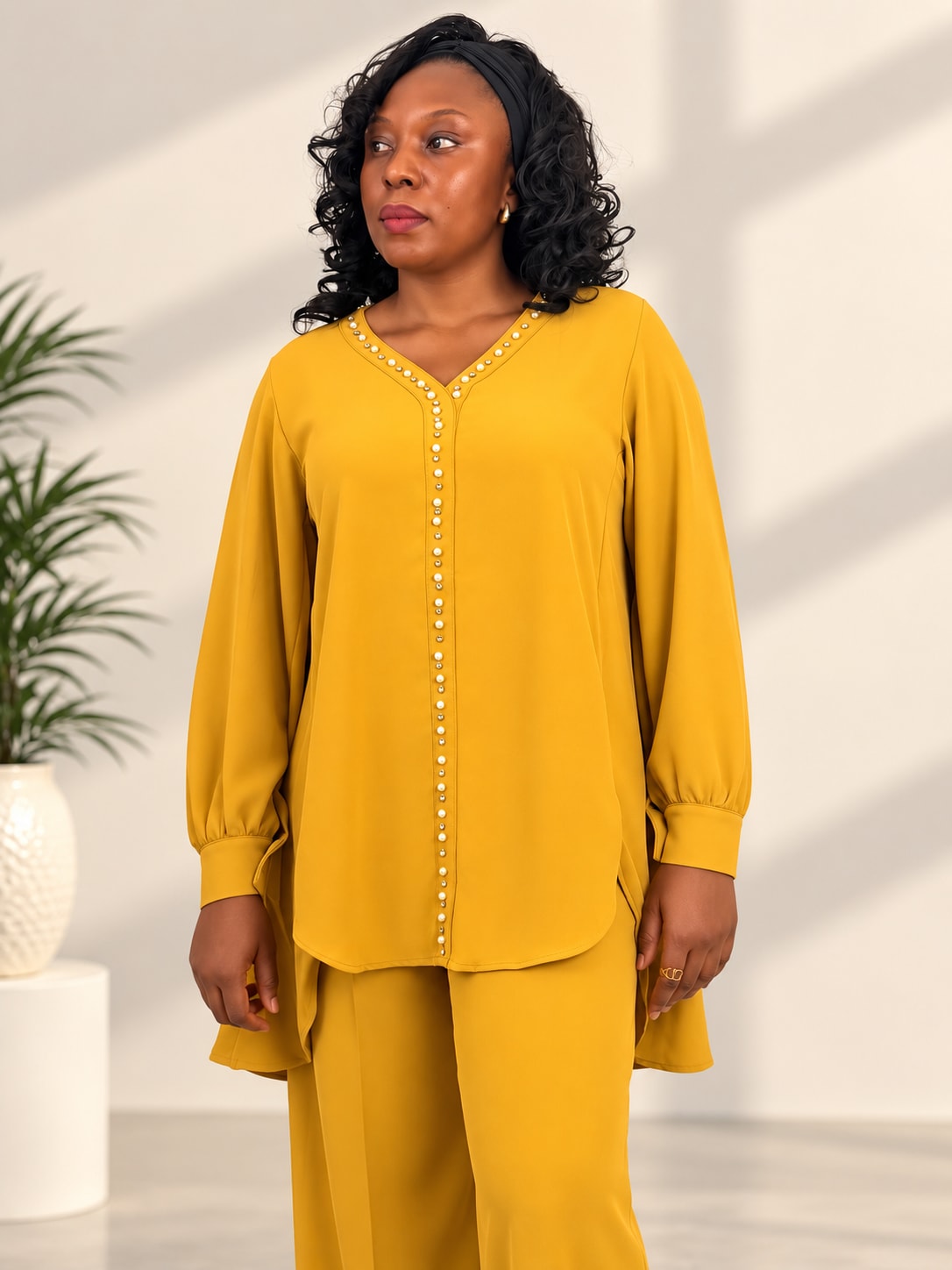 Mustard Buttoned Cape Trouser Set