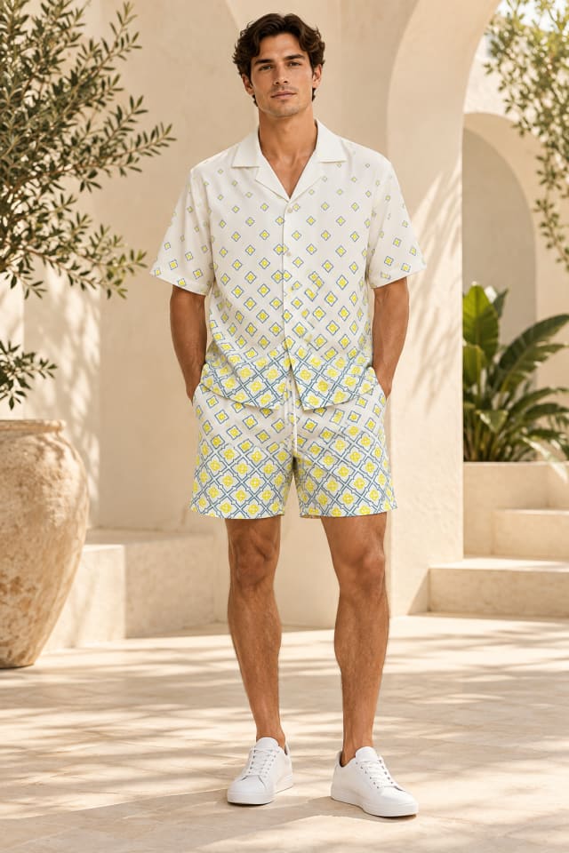 White and Yellow Diamond-Print Shirt and Shorts Set