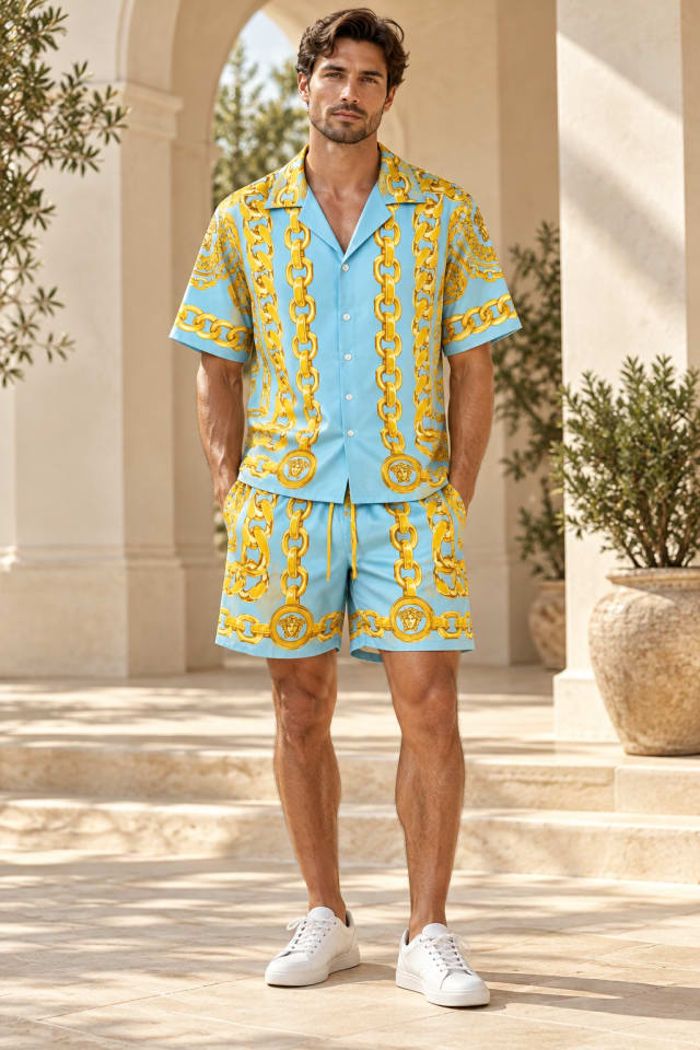 Blue and Gold Baroque Shirt and Shorts Set