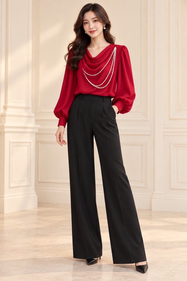 Black Trousers and Draped Red Blouse
